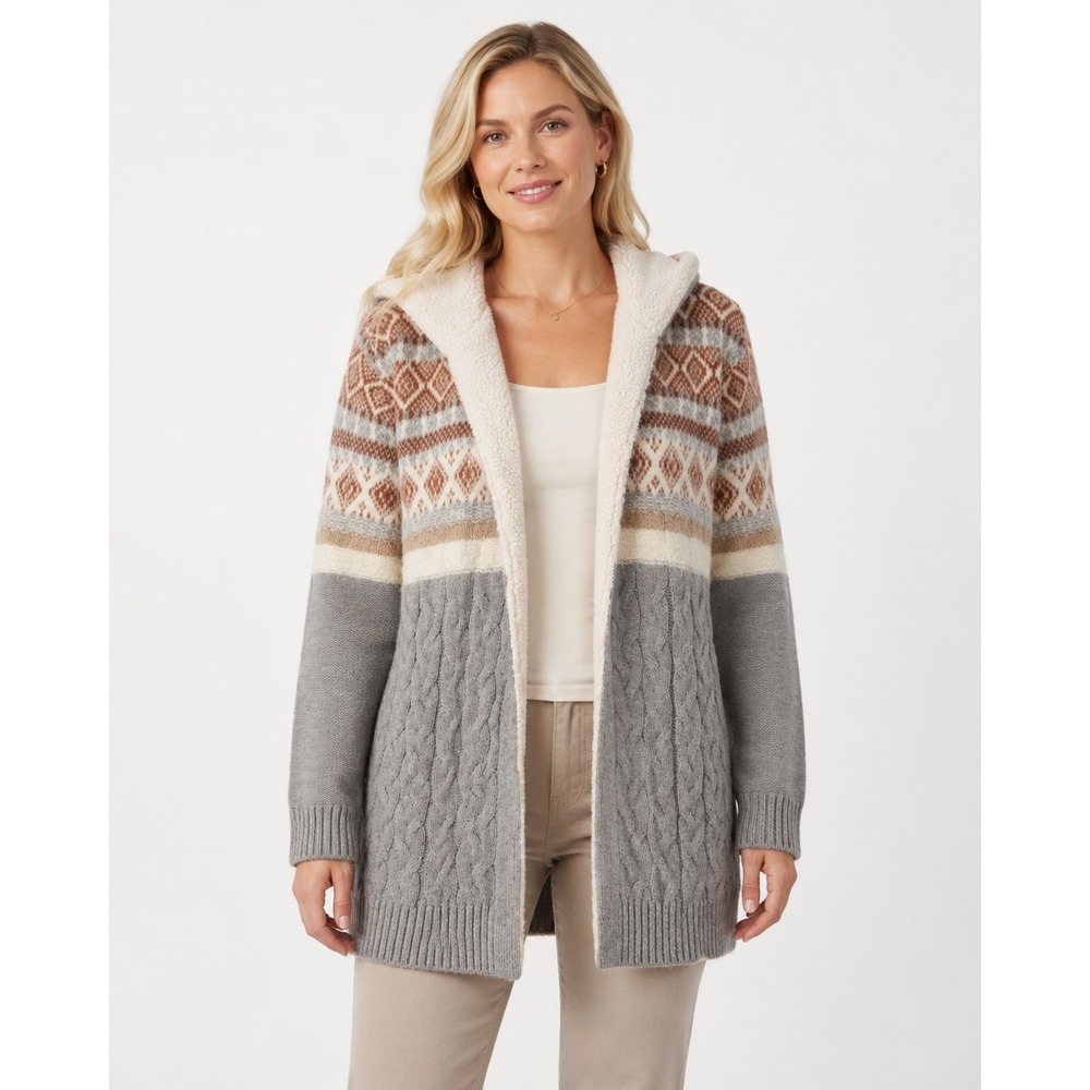 Natural Reflections Hooded Cardigan Women Large Gray Fair Isle Sherpa Lined Knit